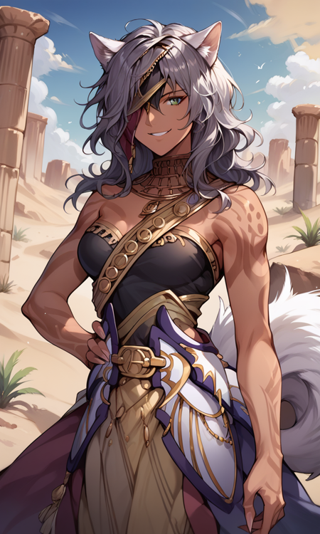 Nailah, wolf ears, wolf tail, dark skinned female, one eye covered