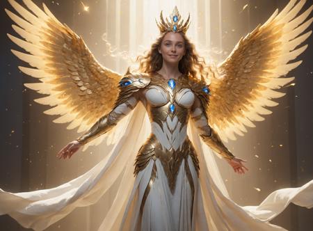 renaissance style painting,white_robes,glowing_aura,wings,halo,ethereal_presence,benevolent_smile,radiant_light,long_hair,blue_eyes,golden_crown,serene_expression,floating,multicolored_wings,multiple_wings,humanoid_form,shining_armor,barefoot,youthful_appearance,celestial_glow,
<lora:JuggerCineXL2>, Movie Still,Film Still,Cinematic,Cinematic Shot,Cinematic Lighting,