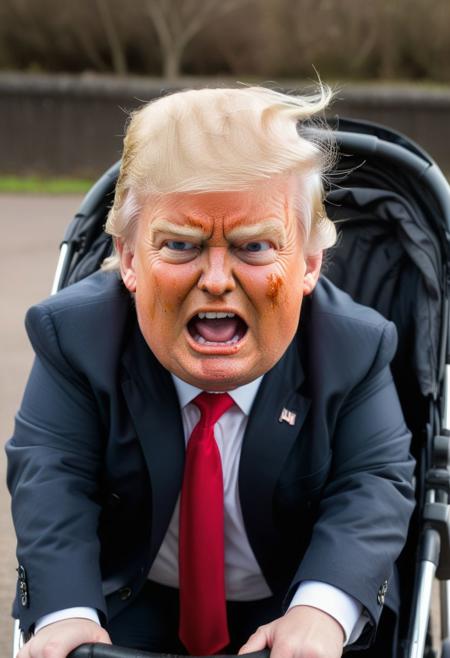 closeup of baby with trump face having a tantrum and throwing toys out of a pram,