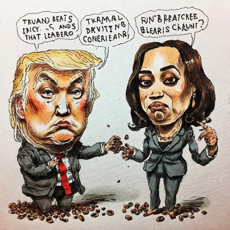 (extremely rough:1.5) (hand drawn:1.5) ink and color  (sketch:1.5) of Donald Trump and Kamala Harris counting and dividing beans, caricature  in cuneo style, (full character:1.4),   (irregular lines:1.5), complete outfit, candid pose,  extremely detailed, (surreal:1.5), paper texture background
