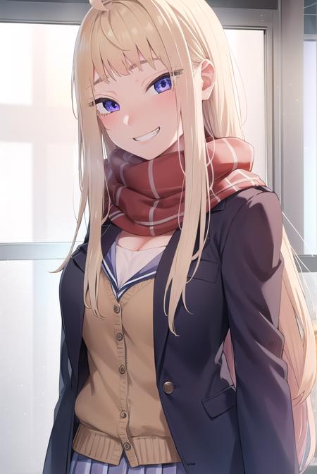 minamifuyuki, <lora:minami fuyuki manga-lora-nochekaiser:1>,
minami fuyuki, long hair, blonde hair, (purple eyes:1.1), ahoge, sidelocks, smile, grin,
BREAK cleavage, skirt, school uniform, jacket, pleated skirt, boots, scarf, blazer, cardigan, blue jacket, grey skirt, red scarf, pink cardigan,
BREAK indoors, classroom,
BREAK looking at viewer, (cowboy shot:1.5),
BREAK <lyco:GoodHands-beta2:1>, (masterpiece:1.2), best quality, high resolution, unity 8k wallpaper, (illustration:0.8), (beautiful detailed eyes:1.6), extremely detailed face, perfect lighting, extremely detailed CG, (perfect hands, perfect anatomy),