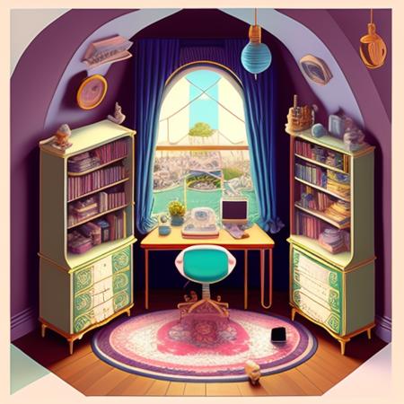 a rendition of the Isometric_Dreams, a room with a bed and a desk in it and a window to the other side of the room