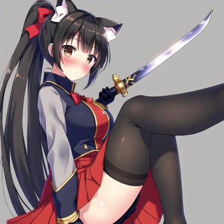 <lora:fetal_position2:1.0> , fetal position,  bent legs,   1girl, animal ears, bangs, black hair, black legwear, blush, bow, breasts, brown eyes, eyebrows visible through hair, gloves, grey background, hair bow, hair flaps, holding, holding sword, holding weapon, katana, large breasts, lifted by self, long hair, looking at viewer, military, military uniform, miniskirt, pantyhose, pleated skirt, ponytail, ribbon, simple background, skirt, skirt lift, solo, sword, thighband pantyhose, twitter username, uniform, very long hair, weapon, white bow