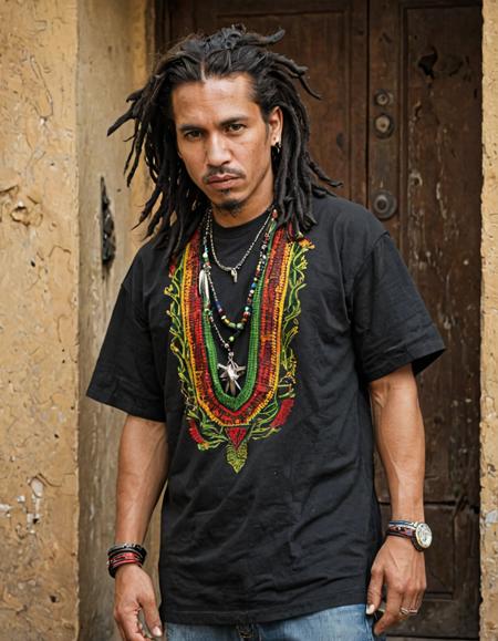 Mannerism Art, Low Contrast, stocky Rasta Male, very Classic, in Oaxacan huipil, Dragonpunk, Psychobilly