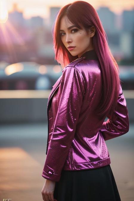 DV_Ella_Vicious(Art Photography, Award Winning) (an vibrant image of a woman in a pink neon jacket standing somewhere, cityscape, hyper-realistic details, , Fujifilm X-T4, Sony FE 85mm f/1. 4 GM --q 2 --s 750 --ar 3:4 --style raw --v 5. 1 --q 2 --s 750 --style raw)((Photo Focus, DOF, Aperture, insanely detailed and intricate, character, hypermaximalist, beautiful, revealing, appealing, attractive, amative, hyper realistic, super detailed, heresy flares))(DOF, blurry background, sunset)(Lens Flare, Heresy flare and god rays:1.3)