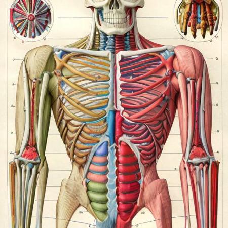 colorful illustration of  lthe skeletal system of the incredible hulk, arcane labels, visceral, art by anatomical-illustration, armpit