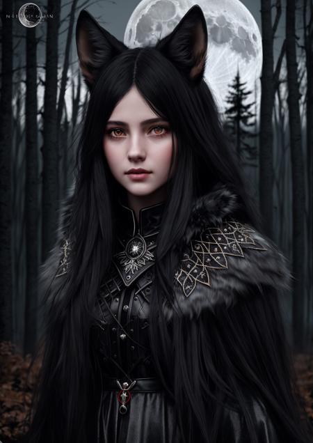 best quality, ultra-detailed, illustration, 1girl, black long hair, red eye, wolf ears, black mantle, fluffy collar, forest, moon, sketch, full body, highest quality, skin texture, intricate details, (cinematic lighting), RAW photo, 8k