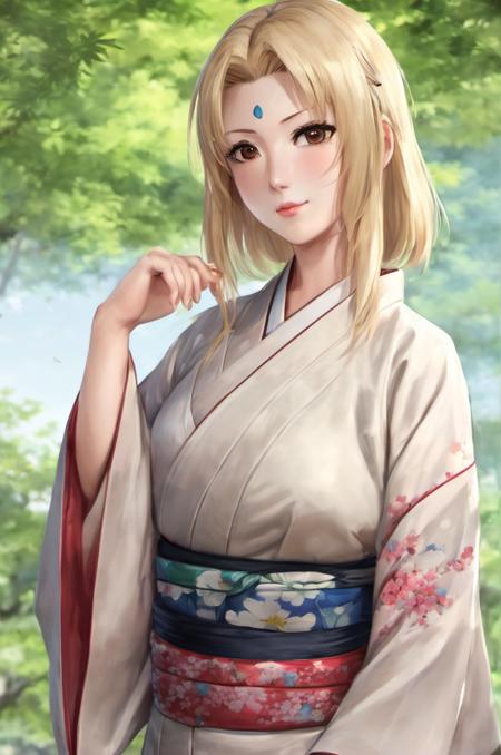 masterpiece, photorealistic , <lora:ttsunade1:1> ,ttsunade, anime , blonde hair, kimono,