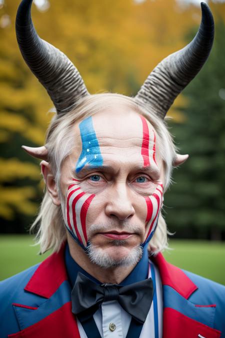 portrait photo of (putin:1.0) as (q4n0n5h4m4n:0.7), horns:0.5, patriotic facepaint, detailed face, hasselblad h6d-400c 1.4, outside washington dc