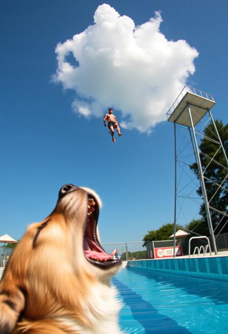 Slow motion still photograph with a forced perspective effect. Very close to the camera is a dog barking at the sky, its mouth wide open, only its head is visible. Behind we see an outdoor public pool with a high diving tower made of a metal structure and topped with a platform and diving board, a man has just jumped from the top of the tower, he is mid-air diving head first into the pool. The forced perspective effect gives the impression that the diver is diving into the mouth of the dog. This is a warm sunny afternoon with a blue sky when two fluffy cloud float.