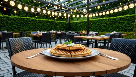 Food photography style . masterpiece, best quality, amazing quality, very aesthetic, absurdres, highres, high detail, close-up, food focus, Handheld Shot, volumetric lighting, sfw, no humans, 
a set of waffle made of forged carbon fiber is placed at the middle of the table of Outdoor Seating, patio area with a view of the garden, wooden tables and chairs, string lights overhead, a peaceful ambiance, diners enjoying their meals, , <lora:Forged_Carbon_SDXL:1> . Appetizing, professional, culinary, high-resolution, commercial, highly detailed
