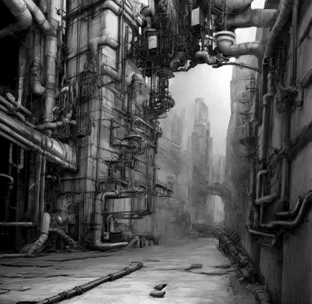 greyscale, building, industrial pipes,  traditional media