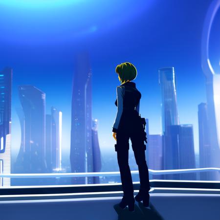 a woman stands on the roof of a skyscraper looking down at the city below, cyberpunk, retrofuturism, synthwave, futuristic, artstation hq, concept art, official art, anime. 4k, 8k.