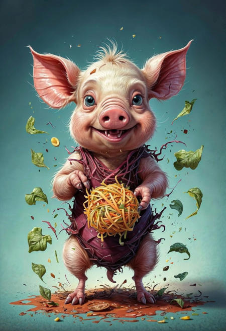 ASCIIcaricature colored funny Piglet:Boy:Baby creature, (Spreads food scraps around:1.25), on smooth paper, thinnest penciled drawn lines hatching, short sharp focus, vanishing point, vignetting, masterpice by (sorserob:1.36), best quality, 4k textures, ultra detailed