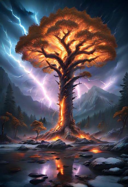 (by Ellen Jewett:1.5), (Fiery orange Bioluminescent Impressionism with lightning, mountain landscape, The Dreamland, Gibson Great  Mountains, rock, sky, giant tree, great grand tree on mountains, great fire, great lightning, scenery, great great magical tree, sunset, sunrise , stream, lightining, snow and ice, ethereal landscapes, depth of field, biotech emotion:1.3) <lora:xl_more_art-full_v1:0.5> <lora:add-detail-xl:1> , ral-wlfnte <lora:RMSDXL_Creative:2>
