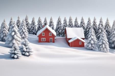 A minimalistic illustration of a snowy winter landscape with a red house tucked away on the left side of beautiful evergreen trees,  3d