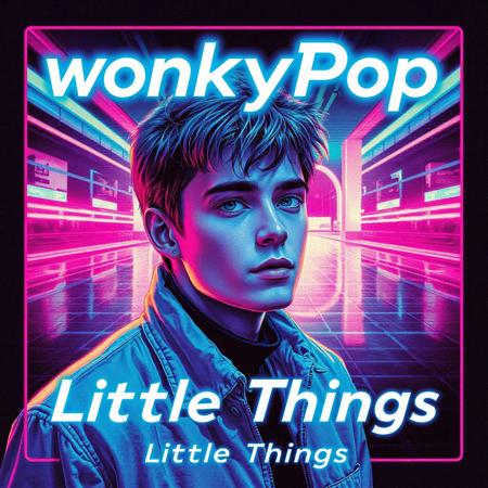 high quality design aesthetics, new wave, eighties, synthpop, detailed, pop album cover, young white man, artist name "WonkyPop", album title "Little Things"