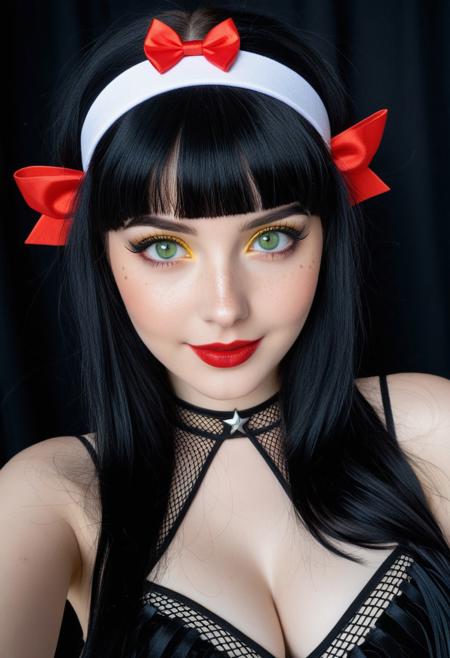 score_9, score_8_up, score_8, score_7_up, score_7, 1girl, 25yo, (heterochromia eyes, red eyes, yellow eyes, green eyes, blue eyes:1.5), medium breasts, black hair, fringe, side bangs, black hair streaks, red headband, white skin, skull ornament, red bow, black top, fishnet top, black fabric, freckles, star freckles, looking down, red lipstick, glossy lips, smile, upward angle, intense gaze, black eyeliner, long eyelashes, dark eyebrows, white headband, black skirt, gothic style, black makeup, dark theme, red accessories, elaborate hair, freckled cheeks, dark makeup, detailed eyelashes, red headpiece, gothic fashion