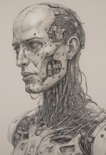 A drawing of a broken cyborg.  A robot body with the head of a human.  All kinds of electronic wires and devices are implanted in its head.  The remaining patches of skin look diseased or rotting.  This cyborg moves erratically and has a confused and deranged look in its eyes.  Any personality or humanity it once had is clearly gone for good.  Caption: 'Broken cyborg'.