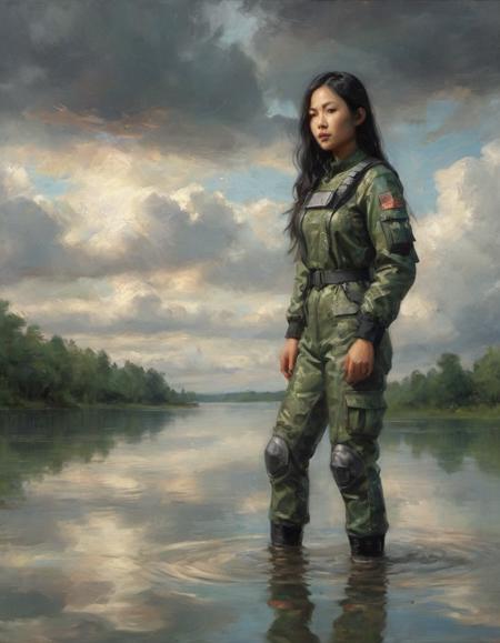 Asian woman with long hair in futuristic paramilitary outfit standing ankle deep in stoll lake water reflecting the beautiful clouds of the scene crisp and detailed