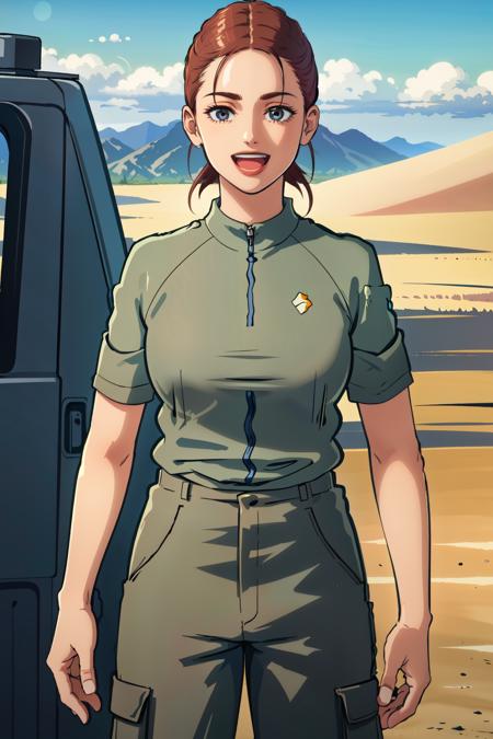 1girl,helenasa,mature female,standing,medium breasts,facing viewer,short sleeves,cargo pants,happy,:d,outdoors,(airfield,desert) <lora:HelenaSA:0.8>, <lora:LORA-XenoDetailer-v2:0.1>