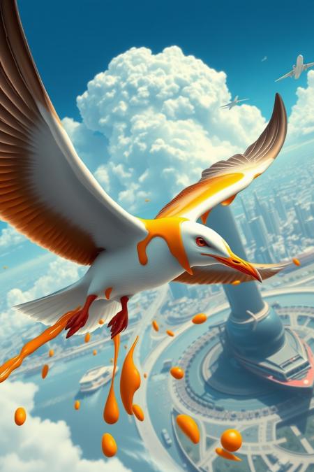 digital art, fantasy illustration, caramel seagull flying in the air, futuristic city in the background, planes, cars, boats, spraying caraf, 