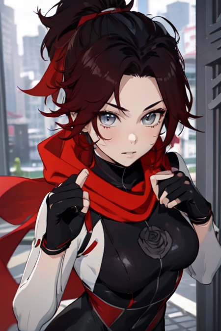 RubyRoseJL, 1girl, solo, black hair, red hair, two-tone hair, bodysuit, black gloves, fingerless gloves, ponytail, red scarf, grey eyes, medium breasts, 