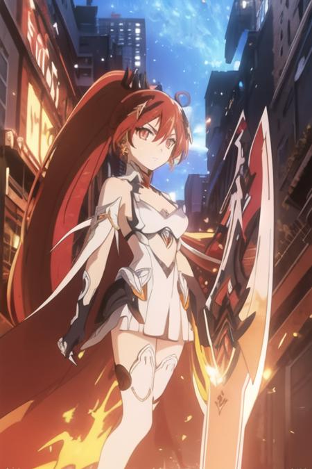 long hair,white hair,hair ornament,ponytail,blue eyes,hair between eyes,bare shoulders,gauntlets,1girl,armor,solo,cleavage,looking at viewer,gloves,jewelry,earrings,weapon,sword,thighhighs,cape,holding,holding weapon,holding sword,fire,boots,thigh boots,black gloves,torn cape,white footwear,antenna hair,City Background,flaming weapon,flaming sword,white thighhighs,dress,red hair,sky,outdoors