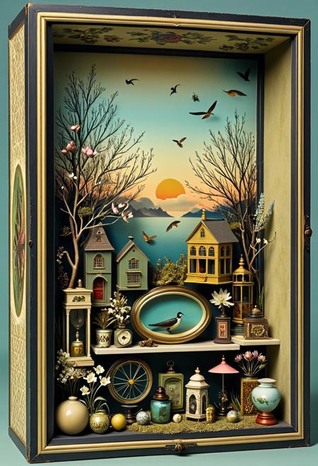 Tranquility, calming, warm, evening, spring, surreal assemblage, shadow box, dreamlike composition, vintage objects, collage art, found objects, intricate details, symbolic imagery, nostalgic artifacts, muted colors, poetic arrangement, mysterious mood, Victorian aesthetic, abstract narrative, otherworldly feel, whimsical curiosity