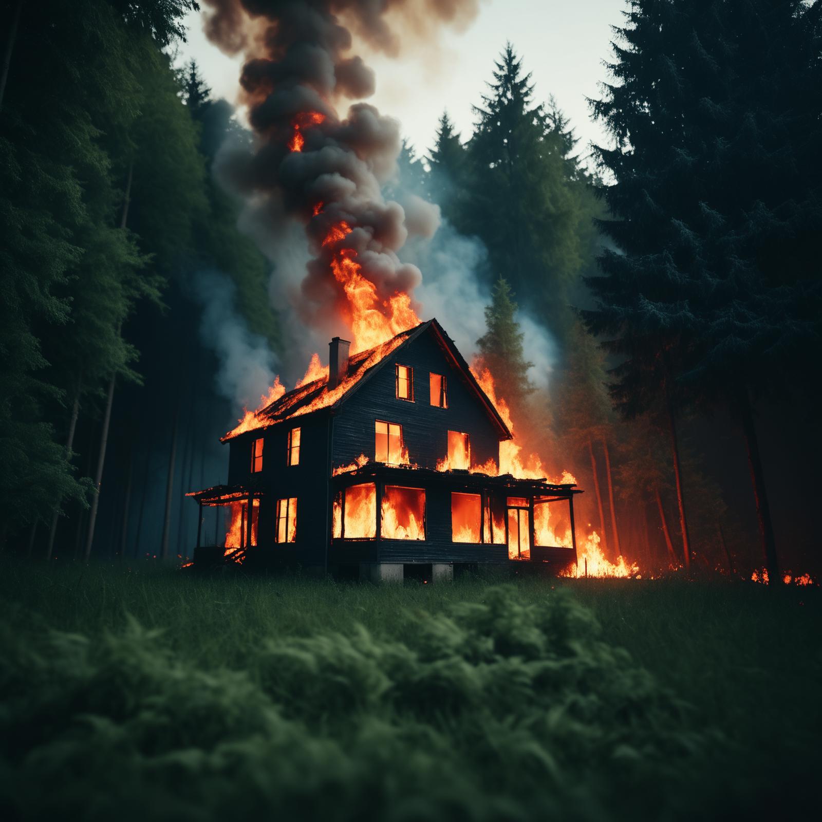 Black and white image of a burning house surrounded by trees and smoke.