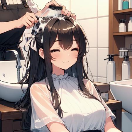 hair salon a strong boy a apron hairstylist stand behind girl lying on ceramics sink lather on hair shower head  shampoo transparent cover-up closed eyes smile wet hair