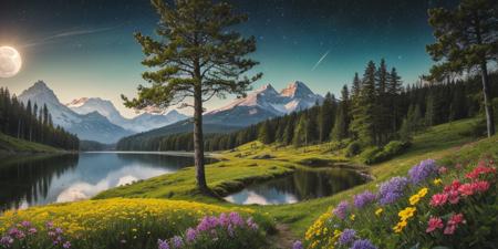 masterpiece, best quality, ultra-detailed, realistic, 8k, a pine tree, flowers fields, many kinds of flowers, a couple of rabbits on very distant, lakes, meadows, glitter, moonlight, out-of-this-world scenery, lifelike, naturalism, greatest naturalism photo, immaculate detailed realism photography, rich colors, best colors perfect composition, perfect colors, colorful, clear photo, intrigue nature panorama, delicate nature photo, immaculate micro-details nature elements, out-of-this-world scenery, landscape, flowers, crystal fantastic, breathtaking beautiful nature, unmatched beauty nature, more nature elements, rich nature elements, aesthetic, artistic style, surreal, insanely lifelike, top best naturalism photography, greatest detailed, intricate details, depth of field, no human, detailerlora,