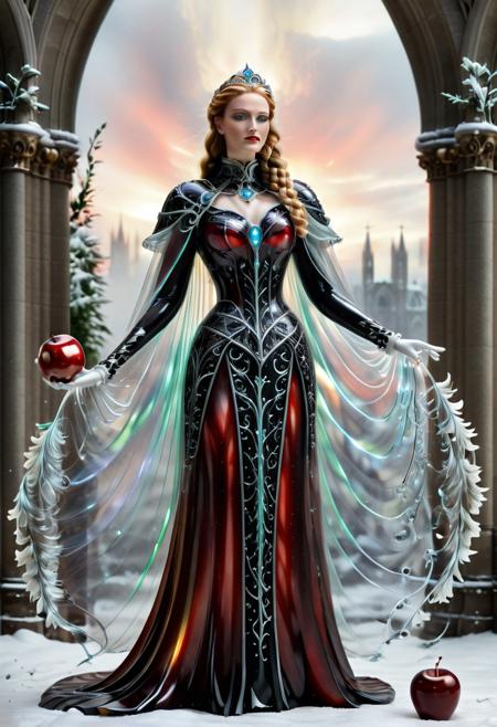murano_glass_style, Realism_Quality_2xx_By_Stable_Yogi, (cathedral:2), indoors, standing, 1woman, solo, long hair, black choker, eyeliner, gorgeous lips, covered breasts, cinematic, best quality, ultra-detailed, very aesthetic, (natural eyes:1.4), freckles, aloof, (masterpiece:1.1), small waist, fitness body, wide hips, 32 years old, golden blond hair, censored, (big stained glass windows:1.4), (Victorian dress:2), high end closure, Evil Queen, cinemascope, moody, epic, gorgeous, film grain, (holding glowing red apple:2.4), (white ground fog:2), natural hands, blue elbow gloves, knee boots, dramatic , sunset, (orange sky:1.6), window, ritual magic, freyja, auburn hair, braided hair, magic, forest, Viking queen, mythic beauty, feathered cloak, fur, armor, robe, braid, rune jewelry, photorealistic, cinematic, flowers, jewelry, photorealism, cinematic lighting, high fantasy, mythic portraiture, soft background, northern folklore aesthetic, (fully dressed:2), trained,