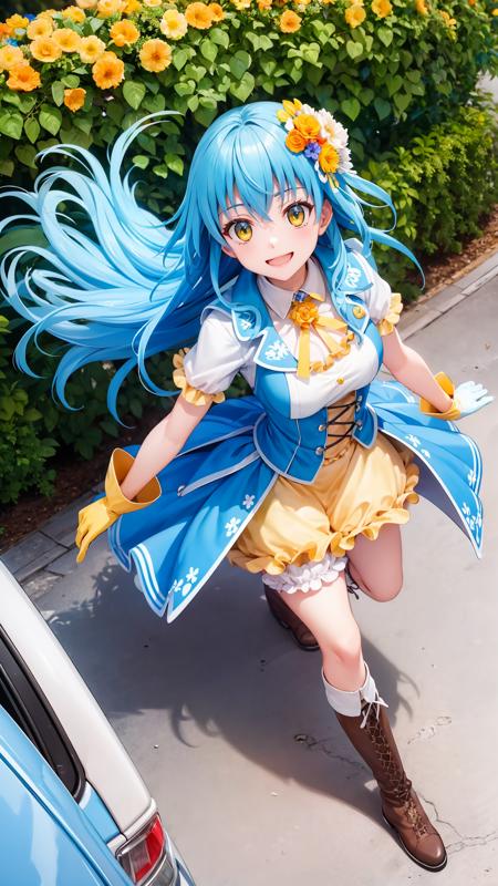 (masterpiece, best quality), ray tracing, absurdres, HDR, rimuruparty, rimuru tempest, 1girl,  light blue hair, yellow eyes,medium breasts,,long hair, flower, hair ornament, hair flower, smile, boots, gloves, looking at viewer, bangs, dress, solo, hair between eyes,full body, ,bloomers,  outdoors,from above,<lora:rimuruparty:0.8>