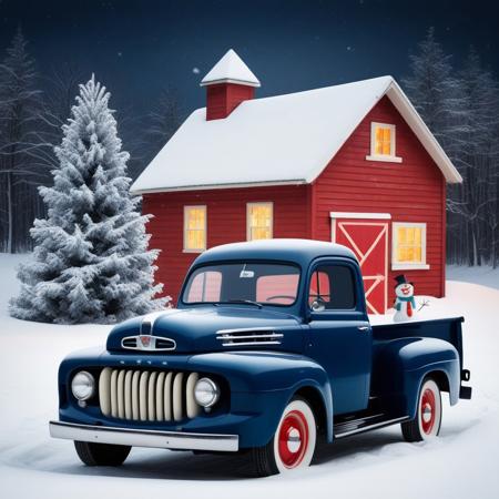 old dark blue 1952 Ford truck with a Christmas tree in its cabin. Winter background with a snowman, a red farm eve and snowy woods.