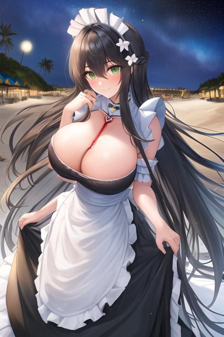 masterpiece, best quality, highres, solo, {night:1.10}, {starry sky:1.10}, beach, beautiful detailed sky, {extremely detailed background:1.20}, {indomitable_azurlane:1.10}, {standing:1.10}, looking at viewer, {bikini:1.30}, long_hair, breasts, black_hair, very_long_hair, large_breasts, green_eyes, bangs, hair_between_eyes, blush, maid_headdress, cleavage, huge_breasts, hair_ornament, maid, hair_flower, light smile