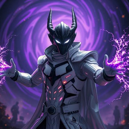 A cinematic portrait of Dragonox, the Empowered Warrior in a dynamic battle stance: arms outstretched, crackling energy arcs radiating from his palms. Clad in a sleek white armored suit with black geometric accents and a matte-black mask featuring glowing white eyes that pierce through shadows. Set against the Dream Mirror of Joy—a swirling vortex of deep purple and inky black hues, dotted with distant blurred silhouettes and faint golden runes. Hyper-detailed textures: polished armor plates, smoldering energy trails, and ethereal cloak fabric. Stylized with Final Fantasy grandeur and Cyberpunk 2077 neon aesthetics. Rendered in Unreal Engine 5 realism, Octane Render gloss, and Dutch angle composition. Color palette: stark white armor, neon purple energy, and void-like blacks. Background features volumetric fog and celestial debris. Trending on ArtStation, 8K HDR, golden ratio framing. Tags: futuristic warrior, dynamic energy, hyperrealistic lighting, cinematic depth-of-field