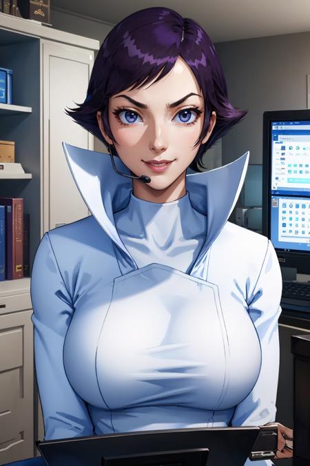 masterpiece, best quality, mmmom, purple hair, white coat, headset, upper body, computers, secret laboratory, looking at viewer, large breasts, furrowed brow, smile <lora:mom-nvwls-v1-000010:0.9>