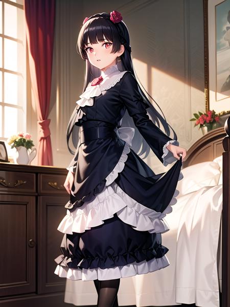 (hyper extreme detailed:0.8),(masterpeace),(hyper extreme),(photorealistic),CG,(colour:1.2), beautiful lighting,light from the front,official art, solo,1girl,standing,indoor,hotel room,  <lora:kuroneko_oreimo_V1:1>,gokou ruri, black hair, long hair, straight hair,red eyes, black dress , black pantyhose, pumps,flower hair band,mdiam skirt,