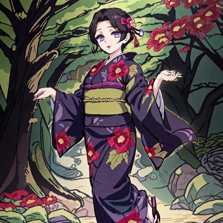 Tamayo, 1girl, solo, short hair, black hair, hair ornament, long sleeves, purple eyes, japanese clothes, wide sleeves, kimono, sash, makeup, obi, floral print, sandals, lipstick, red flower, tabi, red lips, print kimono, purple kimono, zouri