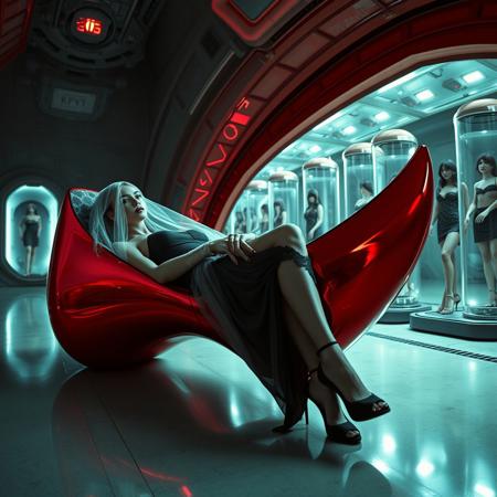 tall slender elegant slavic femme fatal   laying in giant red foil sleek stiletto shoe ,  veil encased, under dimension portal to another galaxy , dressed in sexy glossy satin side slit 1920s nightgown ,  pefect legs in lace trim stockings and d'orsay high heels, small feets, alien spaceship chamber, surrounded by beauty models encased in  hi-tech stasis tubes at background, horror, forced, restrained, fetish