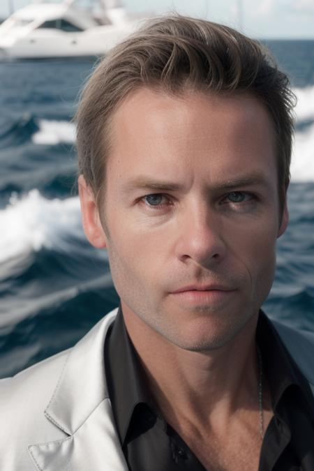 close up of a handsome man, gp13rc3, candid, looking at viewer, stunning eyes, upper body, in a powder suit, platinum blonde, on a yacht on the ocean, holding an assault riffle