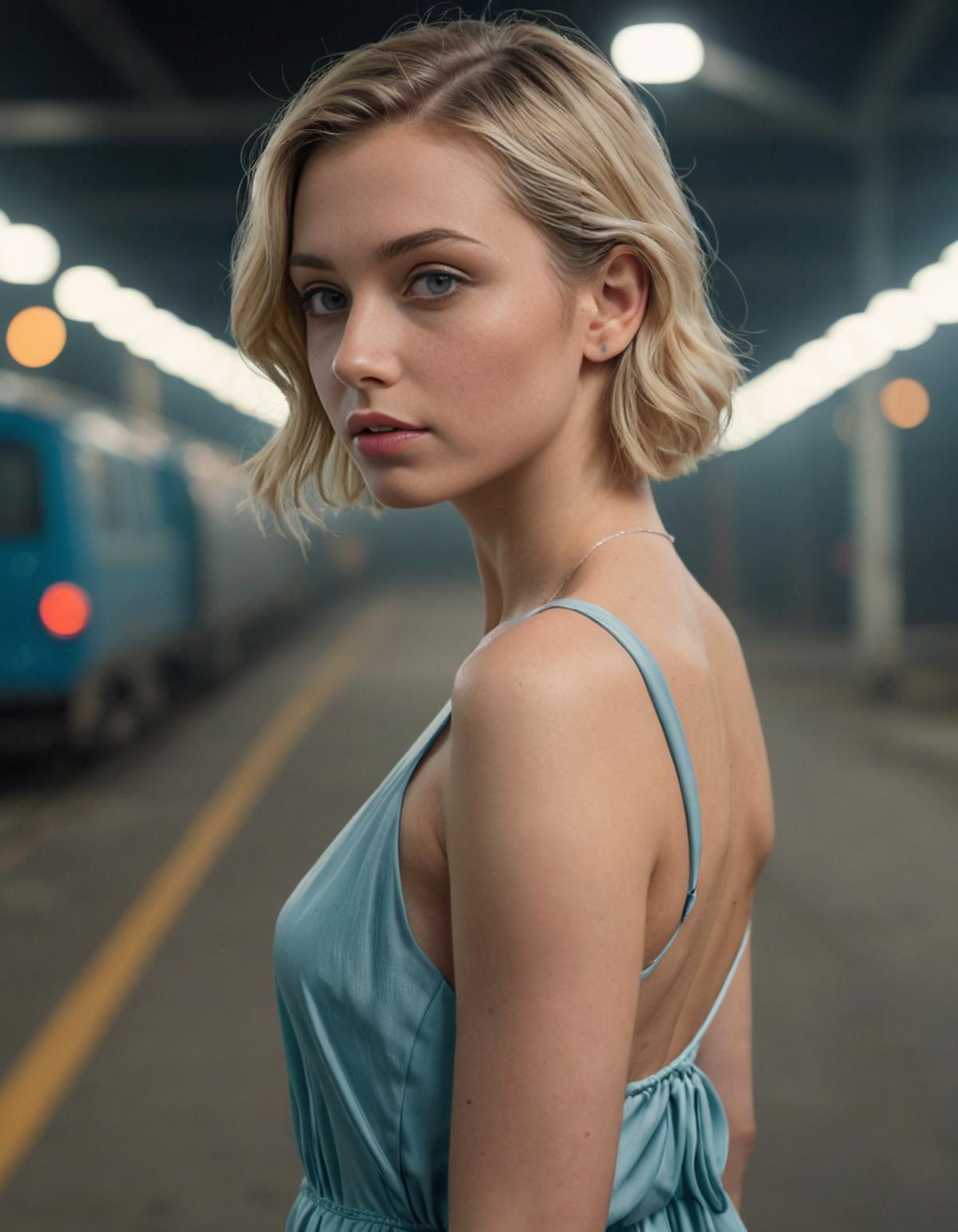 Blonde Woman in a Blue Dress Standing in Front of a Train