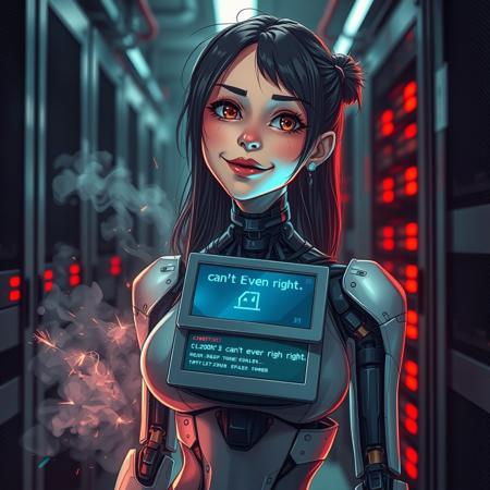 android girl, young woman, cyberpunk, scifi, sparks from her body, sexy, ((head tilted)), smoke from her body, eyes crossed, awkward, funny face, silly expression, dazed, monitor in her chest that reads "can't even right now", errors on monitor, drool, broken, in a server room, wires, red warning lights, smile, mouth open, head angled to side, frazzled, looking off into space, three quarters view,