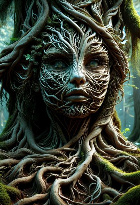 create an image with this prompt.   Create a hyper-realistic scene of a stunningly beautiful female dryad living in a redwood tree,  in 8K resolution with intricate, lifelike textures and fine details. The composition is rendered with photorealistic quality, using advanced lighting, shadows, and reflections to emphasize realism. Every element, from the subject to the background, is crafted with meticulous attention to detail, capturing natural depth, accurate proportions, and true-to-life materials. The atmosphere is immersive and visually arresting, highlighting realistic textures, subtle nuances, and dynamic elements like natural light or motion. The overall effect should feel stunningly lifelike, evoking realism in every aspect.Unreal Engine, photorealistic, hyperrealistic, and visually arresting. Rendered in 8K, hyperrealistic, with fine intricate details.