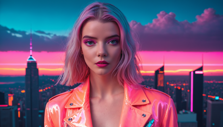 <lora:sdxl_synthworld_V2:0.8>, <lora:anya_lora_sdxl_v1-000008:0.8>
Anya Taylor-Joy, synthwave aesthetic, 1980s retro-future styling, shoulder-length platinum hair with pink neon edge glow, holographic chrome jacket, direct gaze, strong cheekbones, dramatic eye makeup, electric cyan highlights, cinematic posture, colossal digital eclipse behind jagged skyline, neon-lit skyscrapers rising from infinite synthwave grid glowing pink and cyan, magenta-orange dusk sky pulsing with violet storm energy, cosmic haze filtering distant city, vectorized poster contrast overlay, motion streak accents in background sky, layout:cinematic framing layout:rule of thirds layout:center composition light:neon glow light:rim lighting:1.2 light:bounce lighting:1.1 light:halation light:motion streak light:subsurface scattering env:cosmic eclipse env:haze overlay lens:filmic color grading lens:postprocess LUT lens:gaussian bokeh