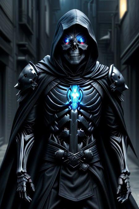 (masterpiece:1.2), best quality, high resolution, perfect lighting, extremely detailed, (Terminator assasin),  battle scared white and black carbon armor,  Wearing a dark cloak with hood, skull face just visable under hood, (very dim light blue eyes, eyes very dim blue glow), (full_armor fitted like a skeleton ribs design), humanoid, Metal Human skull head, (extreme detailed micro mechcanical scary Metal human skull design). Samurai sword shinning silver, Runes decorative embossments over his cloak, slim muscular body fast agile and stealthy, background a dark back street with subtle lighting and shadows, facing viewer, solo,