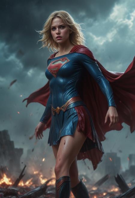 High resolution ultra-realistic of Beautiful Supergirl fighting against alien invasion, cinematic style, standing on a bloody and stormy battlefield in a fighting pose, bloody massacre, realistic blue combat costume, red mini skirt, red cape, perfect athletic figure, wavy blonde hair, handsome dirty bloody face, beautiful perfect detailed pupils, wet oily shiny skin,covered in dirty and blood, beautiful firm Breasts, defiant and seductive, attractive 21 year old girl, 8k resolution concept art portrait by Greg Rutkowski, Dark Gotham City, Artgerm, WLOP, Alphonse Mucha, dynamic lighting, hyperdetailed, intricately detailed, Splash art trending on Artstation triadic colors, Unreal Engine, 5 volumetric lighting, Cinematic Lighting, intricate, smooth, sharp focus digital painting, Asymmetrical Balance, painting, dynamic lighting
