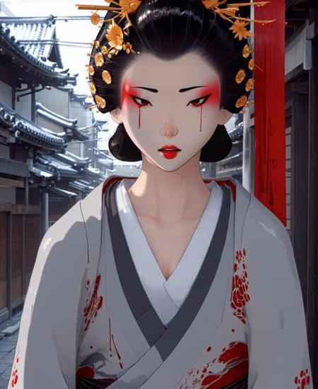 full color drawing  of  Akemi, blood,makeup,looking down,blood on face,blood on clothes,adorned in a grey furisode, empty street, Edo period, upper body, epic character composition,by ilya kuvshinov, manon bailly, drawing  <lora:BlueEyeSamurai:1>  <lora:xl_more_art-full_v1:0.7>