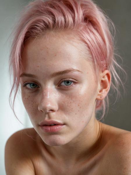 portrait of a 20 year old russian model with pink hair, beauty spots, no makeup, natural, freckles, posing, hard shadows, soft lighting, sharp focus, skin details